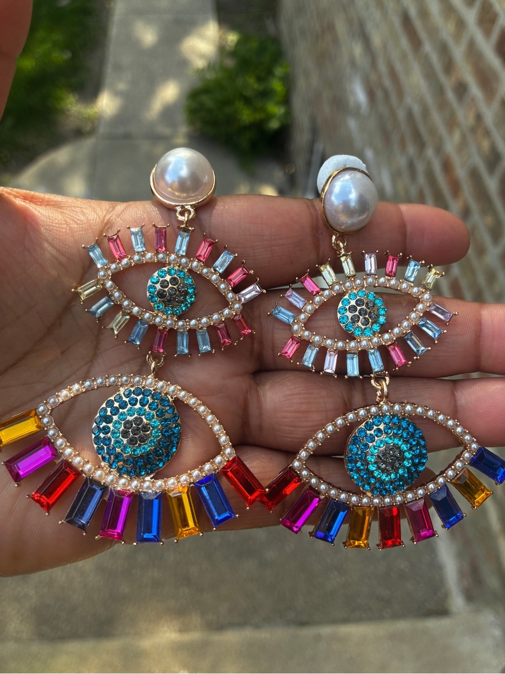 Multicolor Crystal Evil Eye Drop Earrings with Pearl Stud